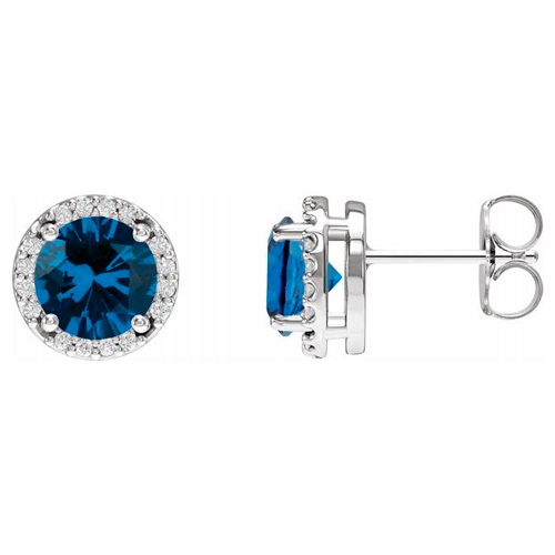 14k White Gold Lab-Grown Sapphire and Natural Diamond Halo Earrings 