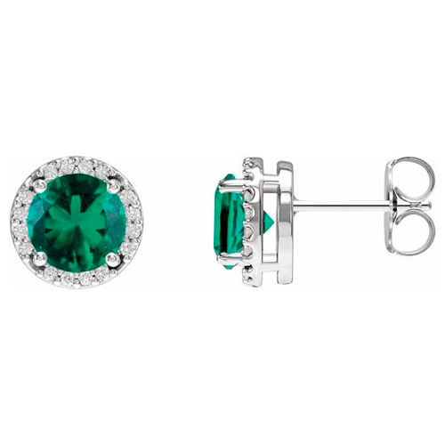 14k White Gold Lab-Grown Emerald and Natural Diamond Halo Earrings 