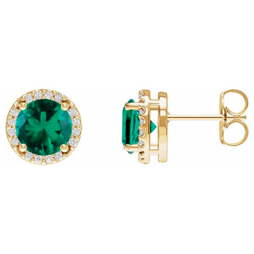 14k Yellow Gold Lab-Grown Emerald and Natural Diamond Halo Earrings 