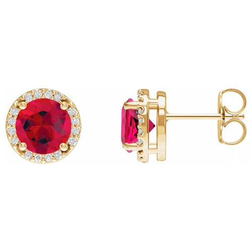 14k Yellow Gold Lab-Grown Ruby and Natural Diamond Halo Earrings 