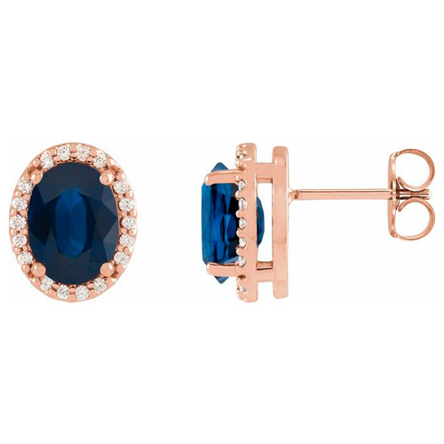 14k Rose Gold 1.3 ct Oval Lab Created Blue Sapphire and Diamond Earrings