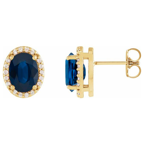 14k Yellow Gold 1.3 ct Oval Lab Created Blue Sapphire and Diamond Earrings