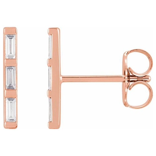 14k Rose Gold 1/8 ct tw Diamond Baguette Three-Stone Bar Earrings