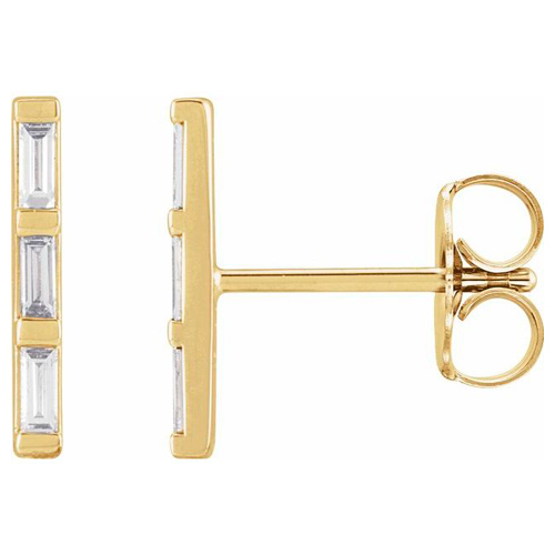 14k Yellow Gold 1/8 ct tw Diamond Baguette Three-Stone Bar Earrings