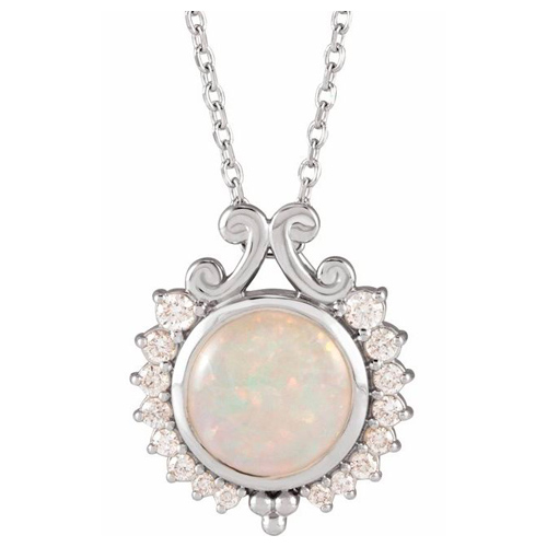 14k White Gold 8mm White Opal and Diamond Necklace