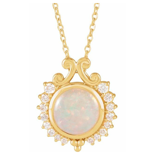 14k Yellow Gold 8mm White Opal and Diamond Necklace