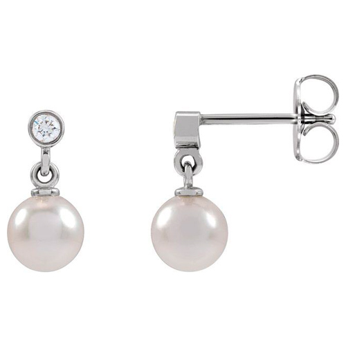 14k White Gold 5mm Cultured White Akoya Pearl and Diamond Earrings