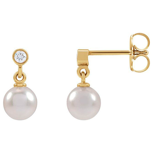 14k Yellow Gold 5mm Cultured White Akoya Pearl and Diamond Earrings