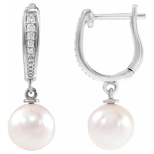 14k White Gold 7mm Cultured Akoya Pearl and Diamond Hoop Dangle Earrings