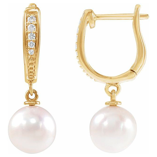 14k Yellow Gold 7mm Cultured Akoya Pearl and Diamond Hoop Dangle Earrings