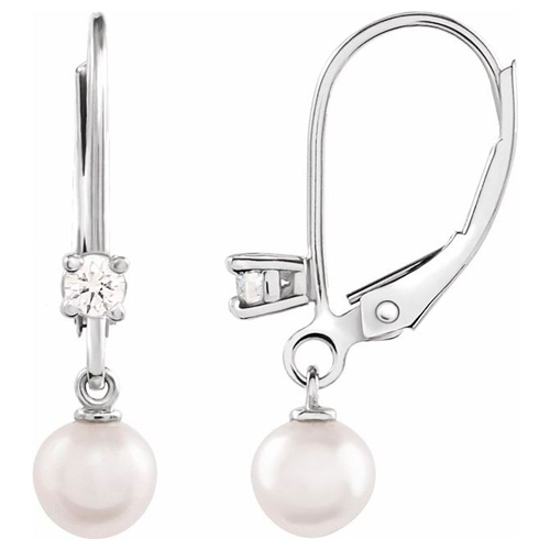14k White Gold 5mm Cultured Akoya Pearl Diamond Lever Back Earrings