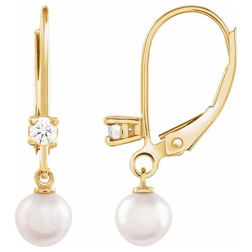 14k Yellow Gold 5mm Cultured Akoya Pearl Diamond Lever Back Earrings