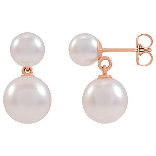 14k Rose Gold White Akoya Cultured Pearl Stud and Drop Earrings