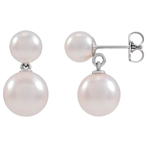 14k White Gold White Akoya Cultured Pearl Stud and Drop Earrings
