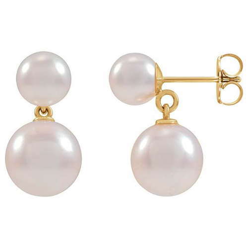 14k Yellow Gold White Akoya Cultured Pearl Stud and Drop Earrings
