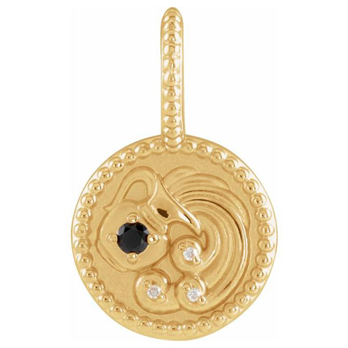 14k Yellow Gold Aquarius Zodiac Black Spinel and Diamond Round Pendant 1/2in