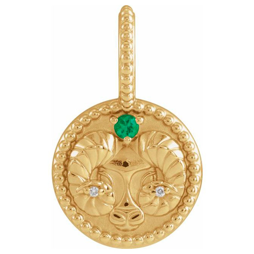 14k Yellow Gold Aries Zodiac Emerald and Diamond Round Pendant 1/2in