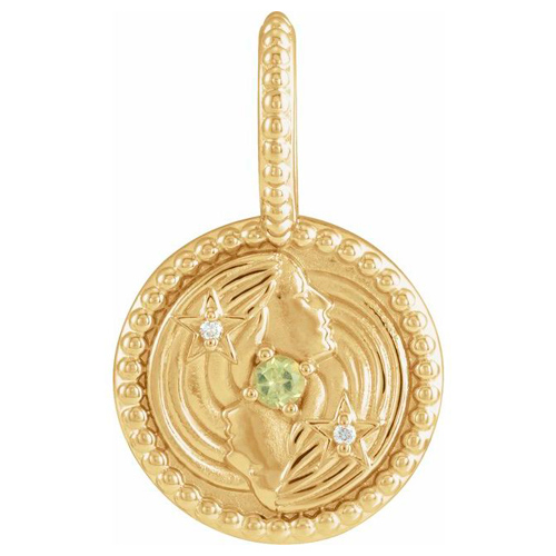 14k Yellow Gold Gemini Zodiac Peridot and Diamond Round Pendant 1/2in