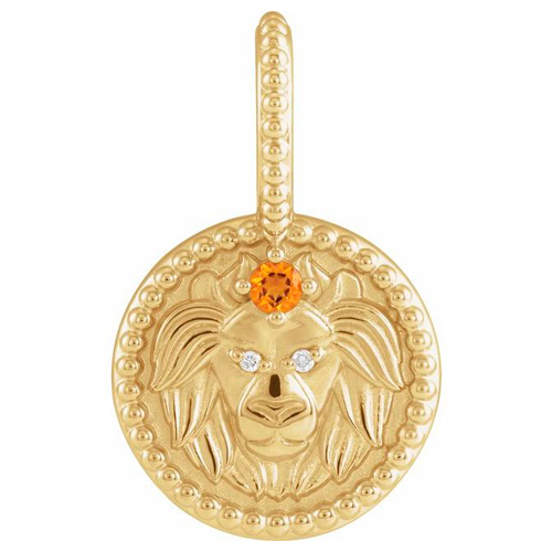 14k Yellow Gold Leo Zodiac Citrine and Diamond Round Pendant 1/2in
