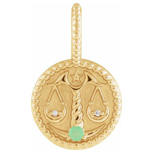 14k Yellow Gold Libra Zodiac Chrysoprase and Diamond Round Pendant 1/2in