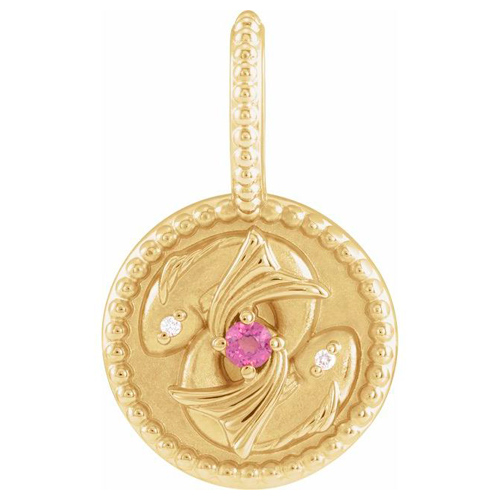 14k Yellow Gold Pisces Zodiac Rhodolite Garnet and Diamond Round Pendant 1/2in