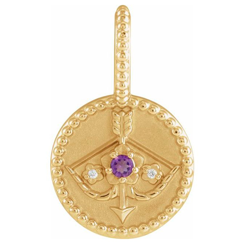 14k Yellow Gold Sagittarius Zodiac Amethyst and Diamond Round Pendant 1/2in
