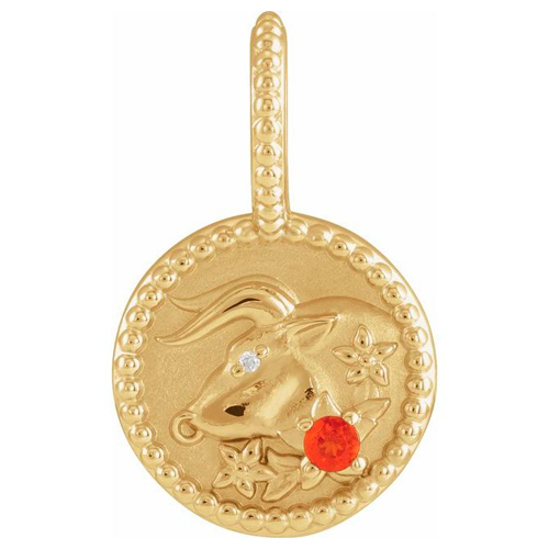 14k Yellow Gold Taurus Zodiac Mexican Fire Opal and Diamond Round Pendant 1/2in