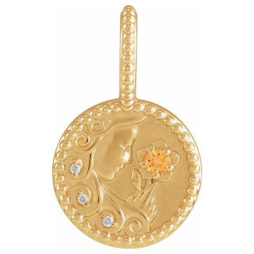 14k Yellow Gold Virgo Zodiac Orange Garnet and Diamond Round Pendant 1/2in