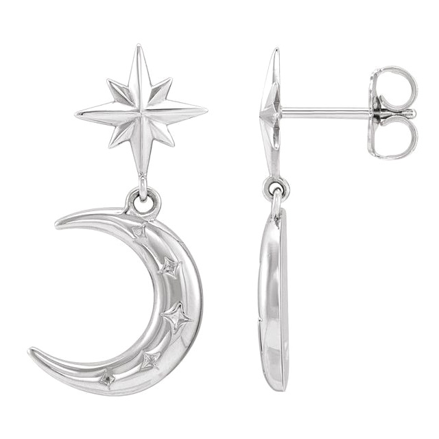 14k White Gold Crescent Moon and Star Dangle Earrings