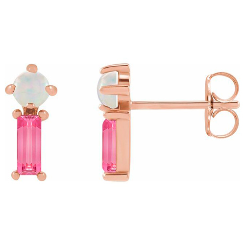 14k Rose Gold White Opal and Baguette Pink Tourmaline Earrings
