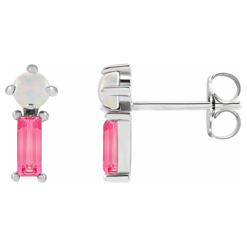14k White Gold White Opal and Baguette Pink Tourmaline Earrings