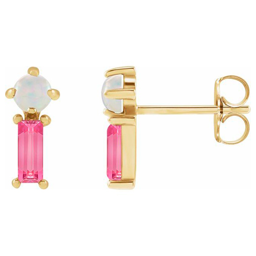 14k Yellow Gold White Opal and Baguette Pink Tourmaline Earrings