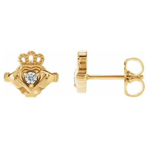 14k Yellow Gold .06 ct tw Diamond Claddagh Earrings