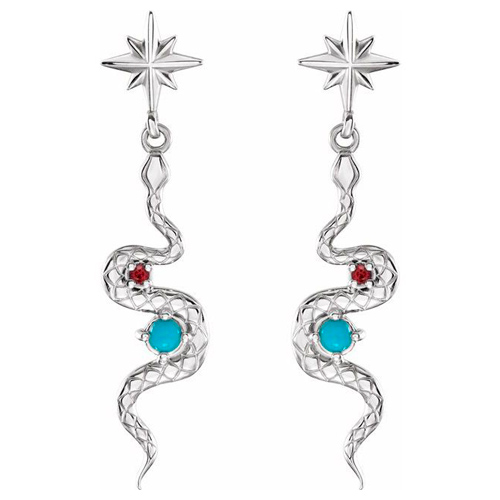 14k White Gold Turquoise and Ruby Snake Earrings