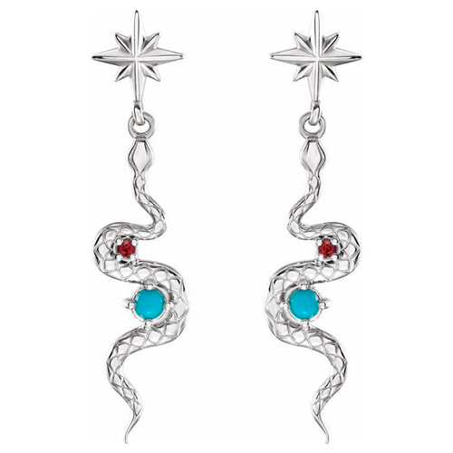 14k White Gold Turquoise and Ruby Snake Earrings