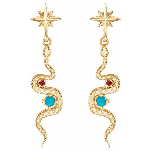 14k Yellow Gold Turquoise and Ruby Snake Earrings