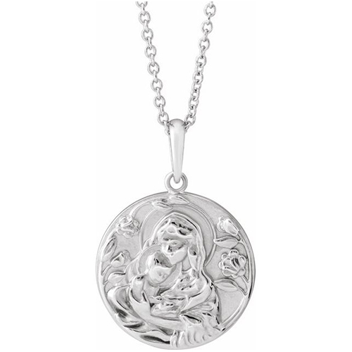 14k White Gold Madonna and Child Necklace
