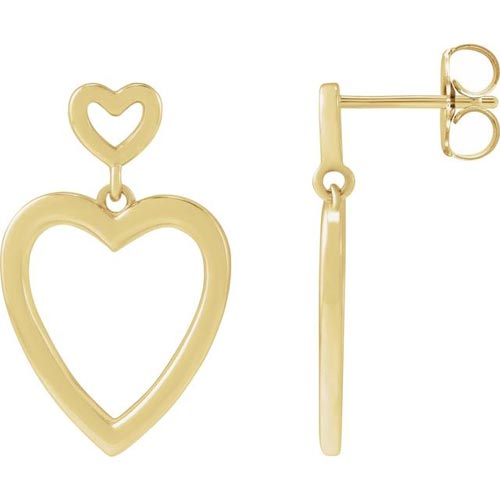 14k Yellow Gold Double Heart Dangle Earrings