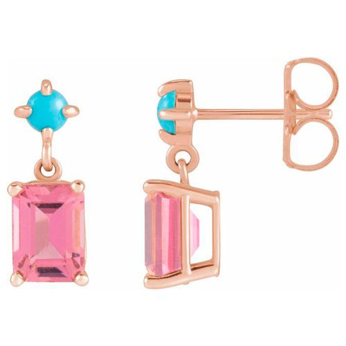 14k Rose Gold Emerald-cut Pink Tourmaline and Turquoise Earrings
