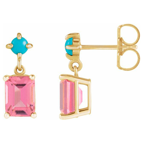 14k Yellow Gold Emerald-cut Pink Tourmaline and Turquoise Earrings