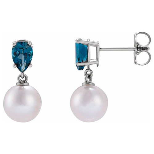 14k White Gold 7mm Cultured White Akoya Pearl and London Blue Topaz Earrings 
