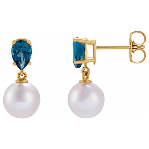 14k Yellow Gold 7mm Cultured White Akoya Pearl and London Blue Topaz Earrings 