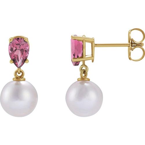 14k Yellow Gold 7mm Cultured White Akoya Pearl and Pink Tourmaline Earrings 