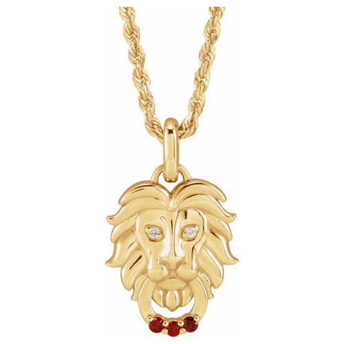 14k Yellow Gold Garnet and Diamond Lion Head Necklace