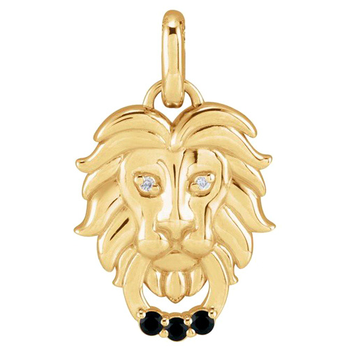 14k Yellow Gold Black Spinel and Diamond Lion Head Pendant