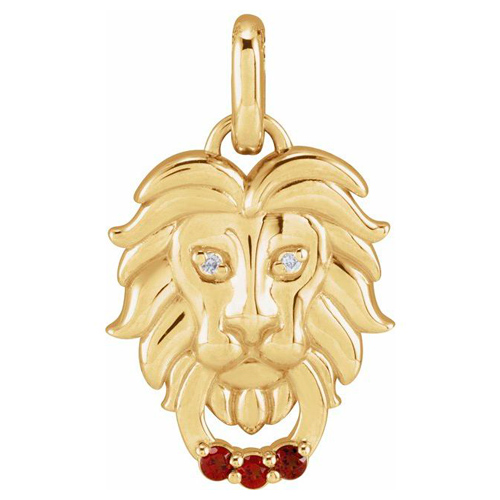 14k Yellow Gold Garnet and Diamond Lion Head Pendant