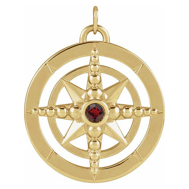 14k Yellow Gold Garnet Compass Pendant