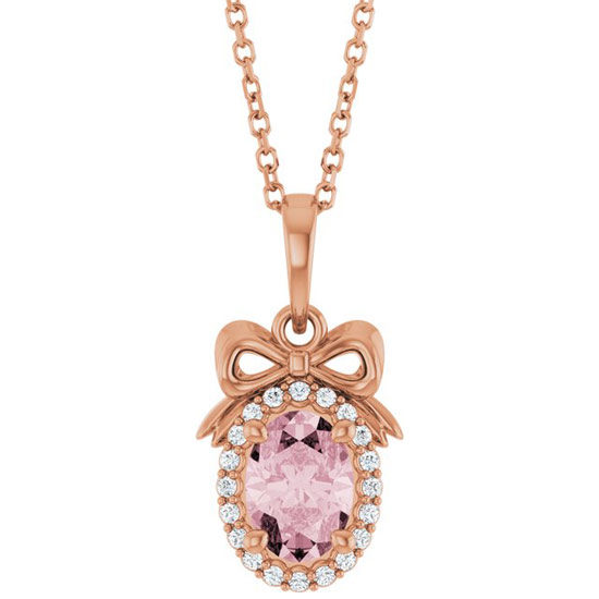 14k Rose Gold 3/4 ct tw Oval-cut Pink Morganite Bow Necklace with Diamonds