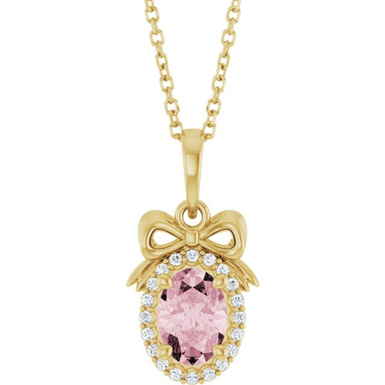 14k Yellow Gold 3/4 ct tw Oval-cut Pink Morganite Bow Necklace with Diamonds