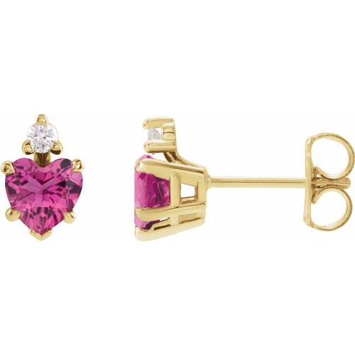 14k Yellow Gold Pink Tourmaline Heart Stud Earrings with Diamonds